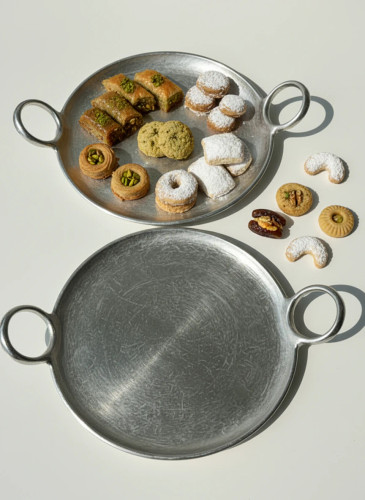 سینی آلومینیوم گرد رنگ نقره ای دسته حلقه ای