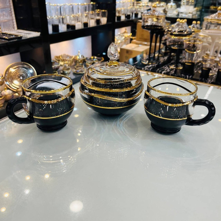 ست چای خوری ۶ نفره و قندان طلاکوب کار کشور هلند وارداتی( رنگ مشکی و سفید)