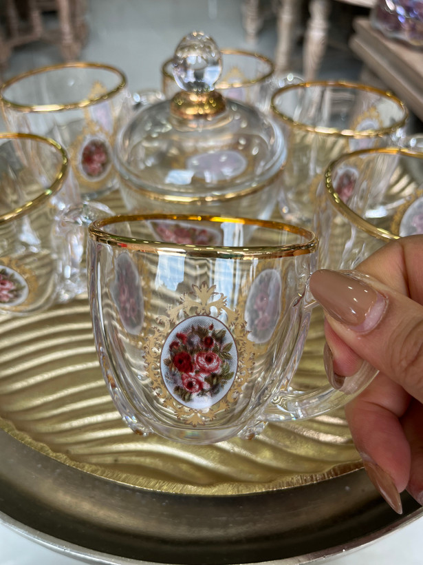فنجان بلینک مکس کریستال طلا کوب طرح گل رز وارداتی (پک فنجان۶ عددی