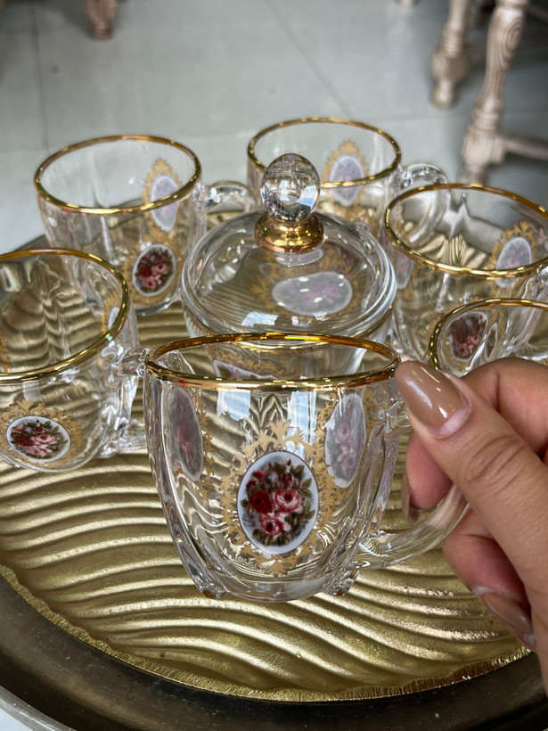 فنجان بلینک مکس کریستال طلا کوب طرح گل رز وارداتی (پک فنجان۶ عددی