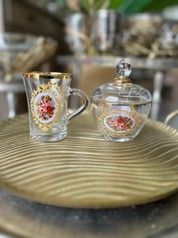 فنجان بلینک مکس کریستالی طلا کوب طرح گل رز وارداتی (پک فنجان۶ عددی
