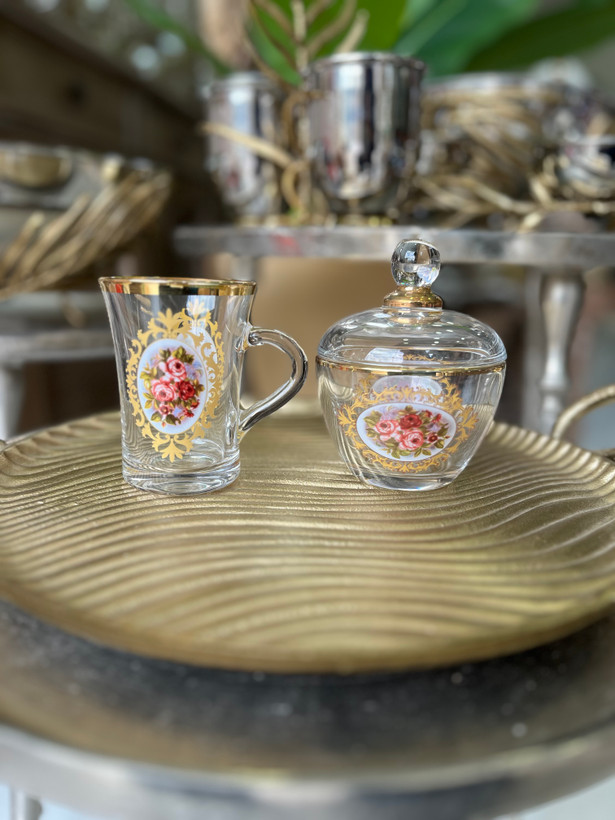 فنجان بلینک مکس کریستالی طلا کوب طرح گل رز وارداتی (پک فنجان۶ عددی