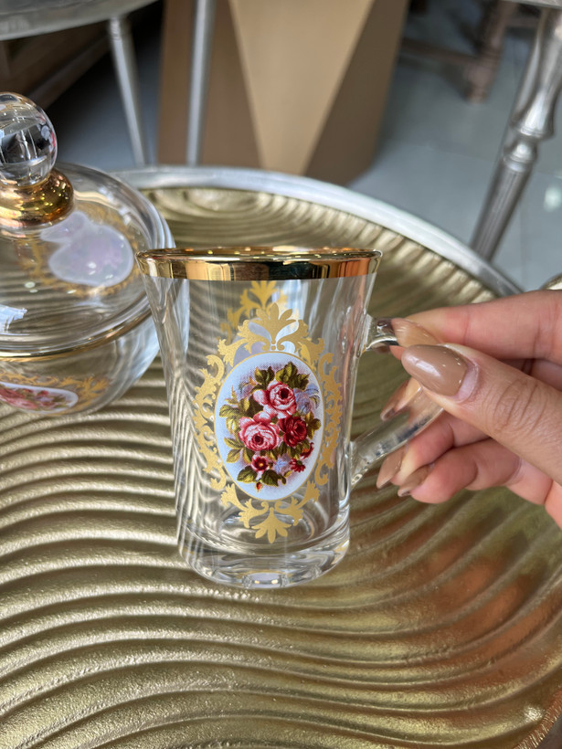 فنجان بلینک مکس کریستالی طلا کوب طرح گل رز وارداتی (پک فنجان۶ عددی
