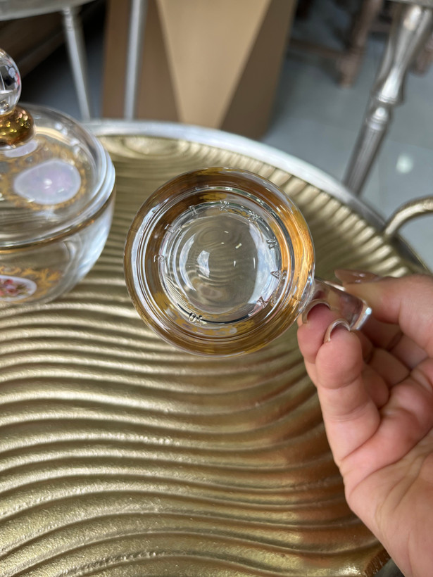 فنجان بلینک مکس کریستالی طلا کوب طرح گل رز وارداتی (پک فنجان۶ عددی