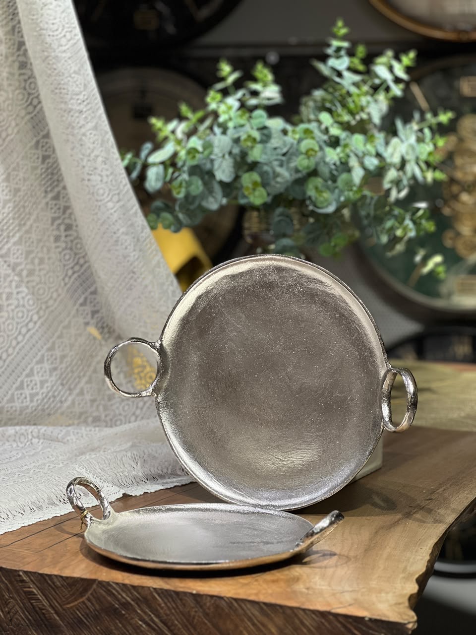 سینی پذیرایی آلومینیوم گرد رنگ (سیلور  دسته حلقه ای)