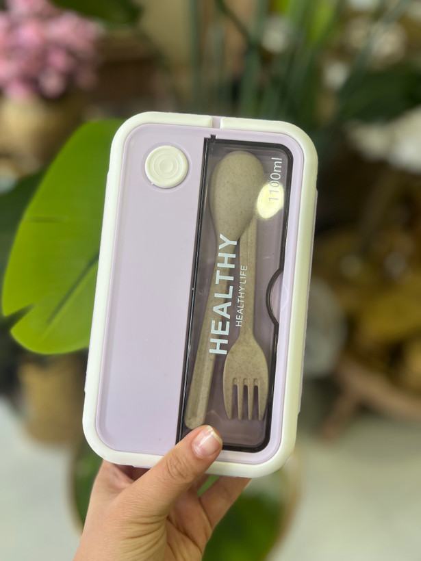 ظرف غذا لانچ باكس دو تکه healthy همراه با قاشق و چنگال بامبو