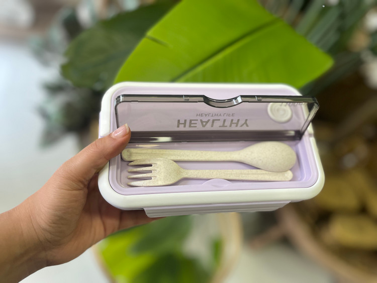 ظرف غذا لانچ باكس دو تکه healthy همراه با قاشق و چنگال بامبو