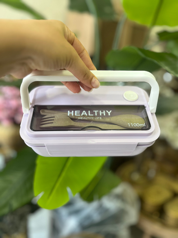 ظرف غذا لانچ باكس دو تکه healthy همراه با قاشق و چنگال بامبو