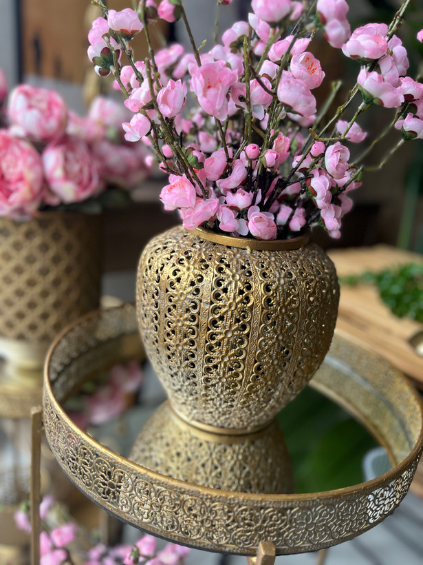 گلدان رومیزی مراکشی فلزی پتینه طلایی ( کار وارداتی)