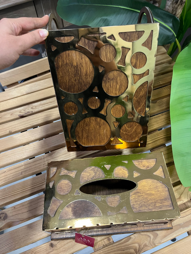 ست سطل و دستمال کاغذی چوبی با روکش فلزی( برند اسا)