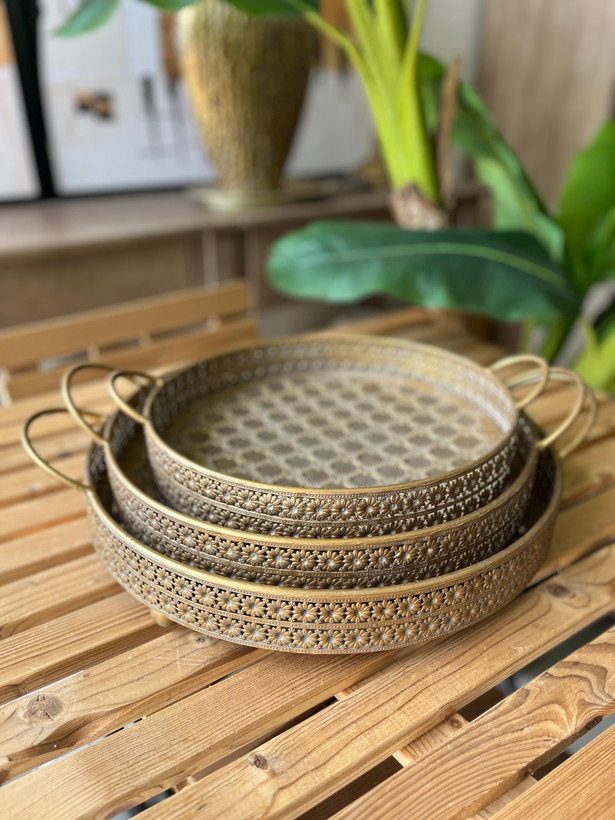 سینی پذیرایی فلزی مراکشی پتینه در سه سایز ( قطر ۴۰ و ۳۵ و ۳۰ سانت)