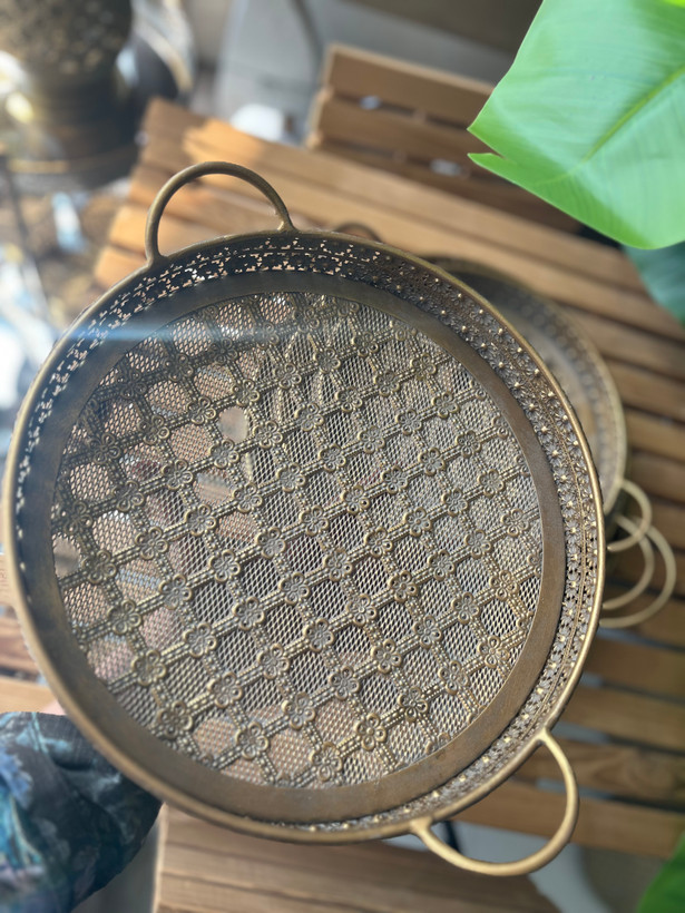 سینی پذیرایی فلزی مراکشی پتینه در سه سایز ( قطر ۴۰ و ۳۵ و ۳۰ سانت)