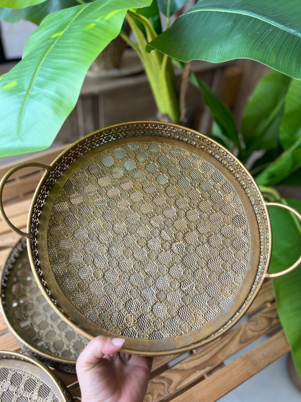 سینی پذیرایی فلزی مراکشی پتینه در سه سایز ( قطر ۴۰ و ۳۵ و ۳۰ سانت)