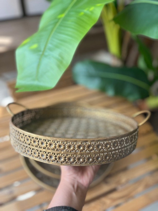 سینی پذیرایی فلزی مراکشی پتینه در سه سایز ( قطر ۴۰ و ۳۵ و ۳۰ سانت)