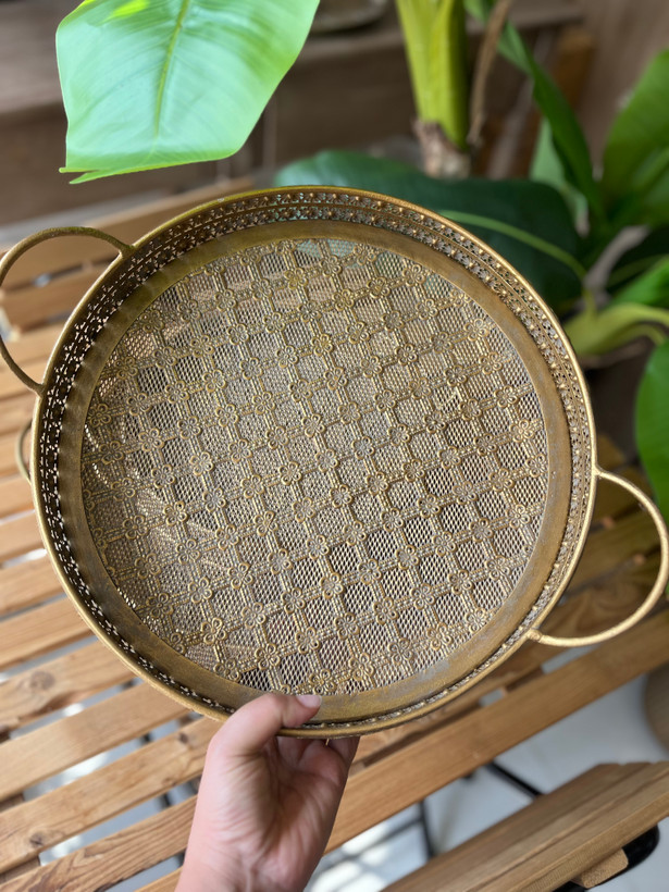 سینی پذیرایی فلزی مراکشی پتینه در سه سایز ( قطر ۴۰ و ۳۵ و ۳۰ سانت)