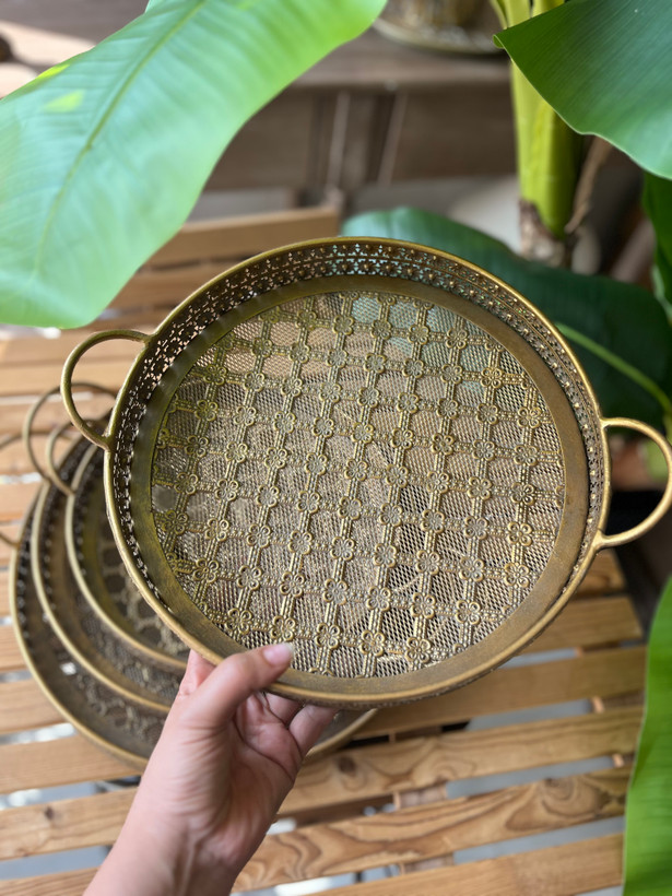 سینی پذیرایی فلزی مراکشی پتینه در سه سایز ( قطر ۴۰ و ۳۵ و ۳۰ سانت)