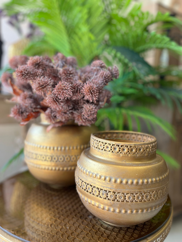 گلدان رومیزی مراکشی فلزی پتینه طلایی در دو سایز (کار وارداتی)