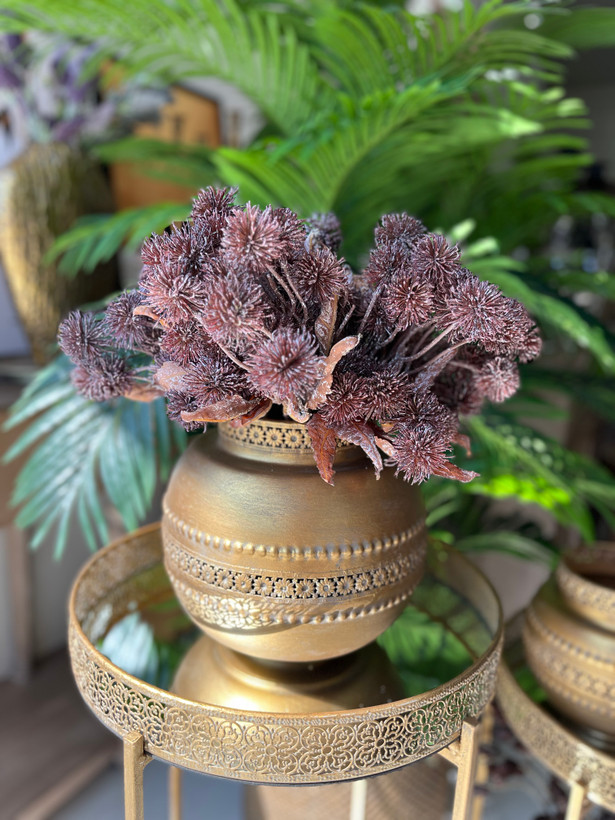 گلدان رومیزی مراکشی فلزی پتینه طلایی در دو سایز (کار وارداتی)