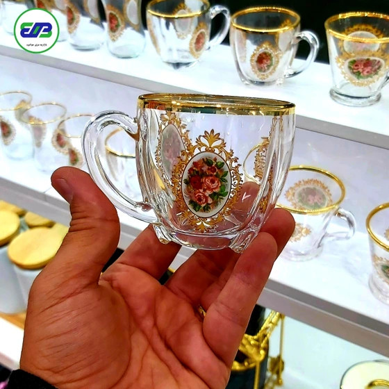 فنجان بلینک مکس کریستال طلا کوب طرح گل رز وارداتی (پک فنجان۶ عددی